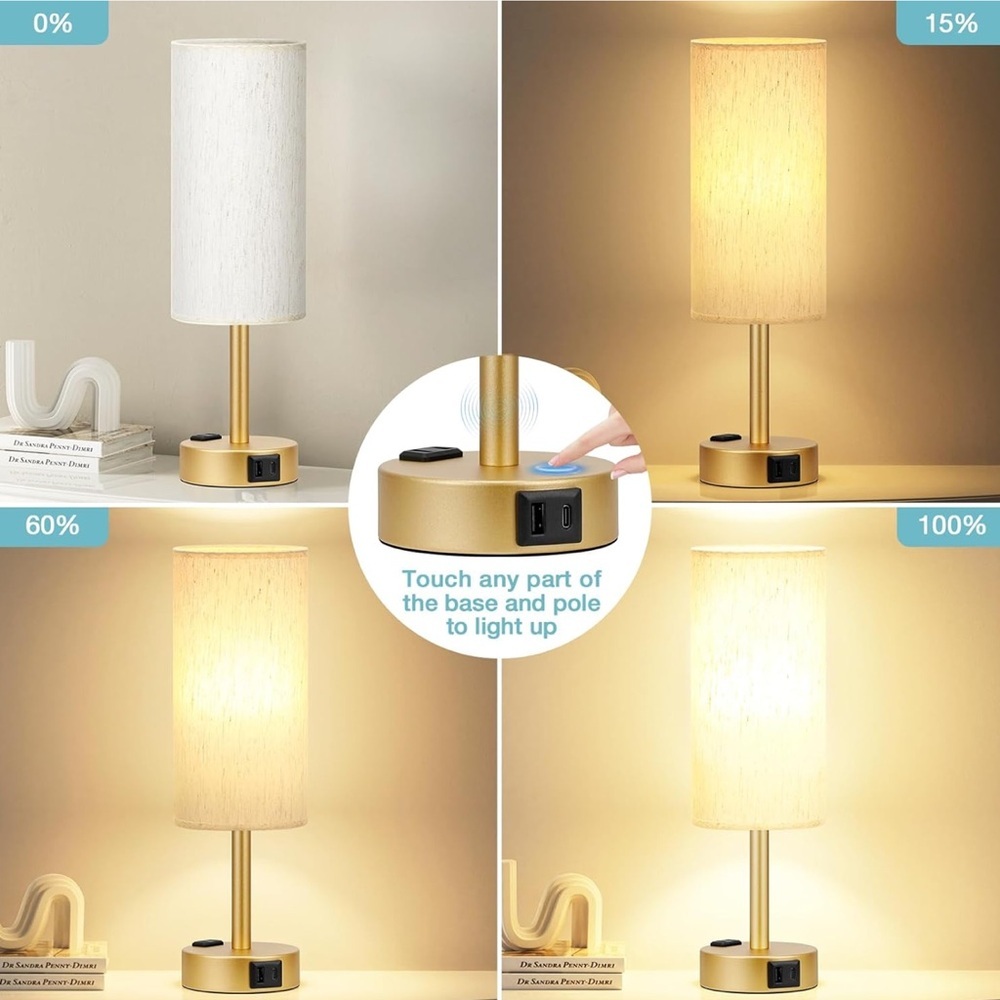 Gold 3 Way Dimmable Nightstand Lamp with Charging Ports - Picture 4 of 6